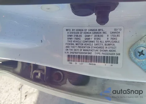 2013 Honda Civic Lx z USA, uszkodzony, nr VIN 2HGFB2F53DH541842